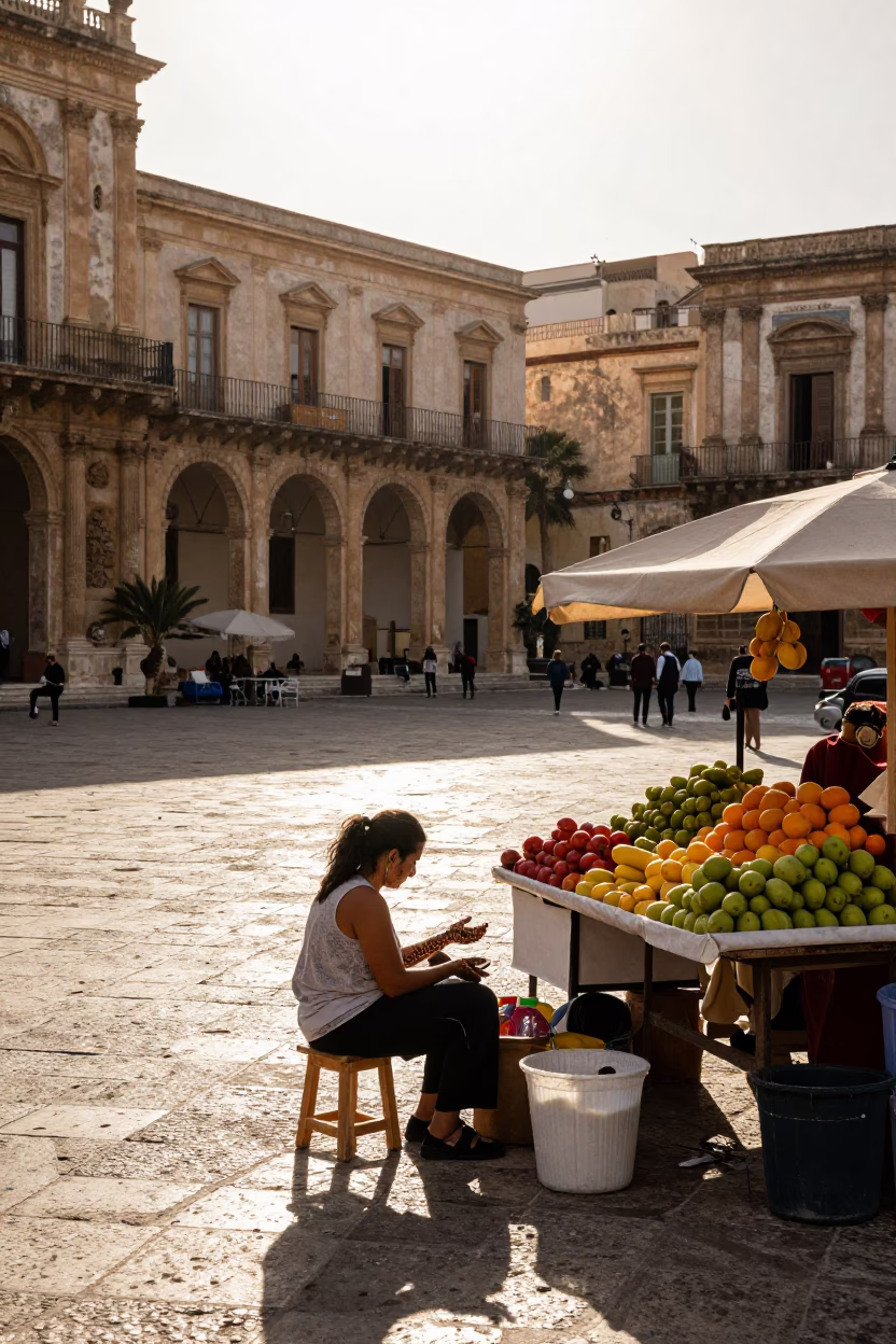 Late Afternoon Street Scene in Palermo Italy with Henna Artist Decorating Hand in in Palermo, Italy
