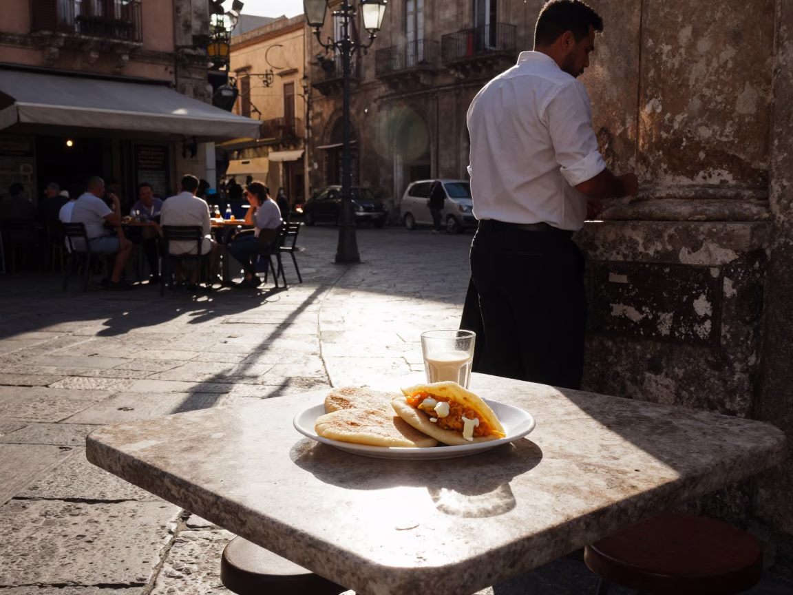 Late Afternoon Street Scene in Palermo Italy with Local Dining and Architectural Details in in Palermo, Italy