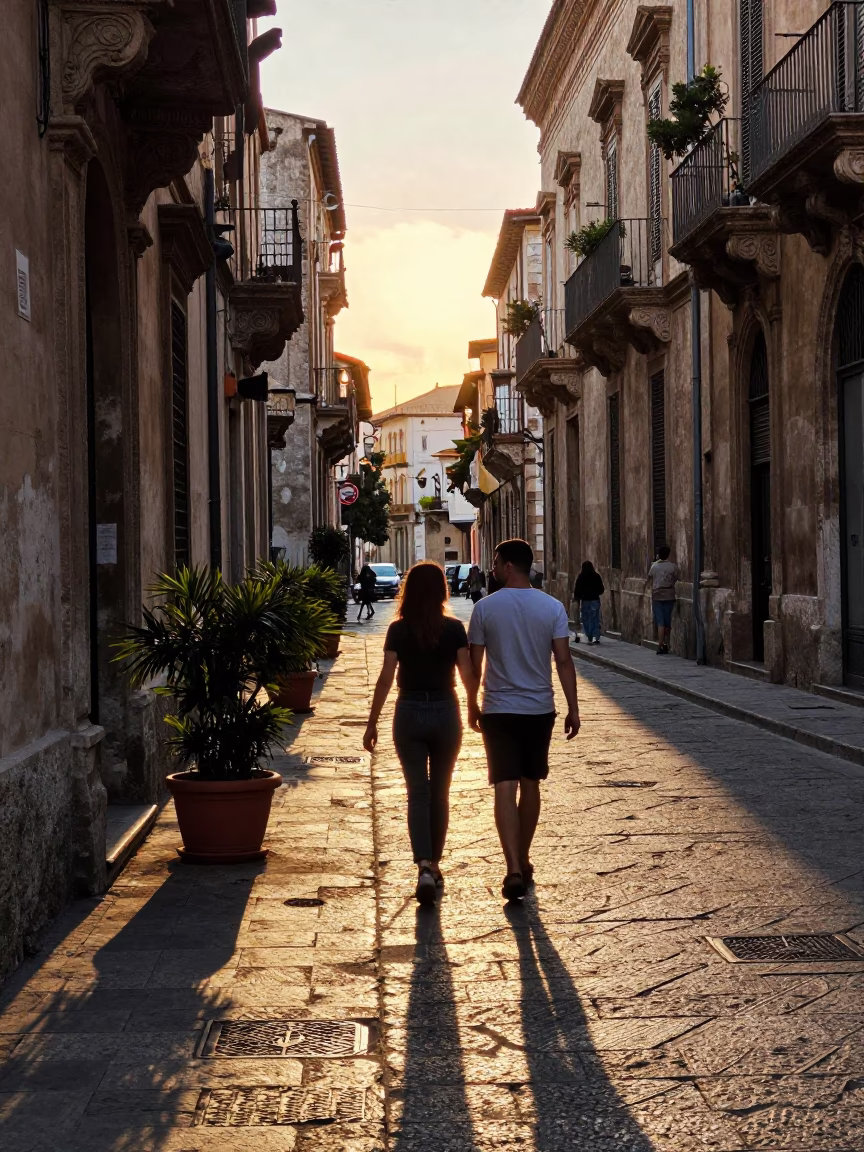 Late Afternoon Street Scene in Palermo Italy with Plant Pot and Watering Jug in in Palermo, Italy