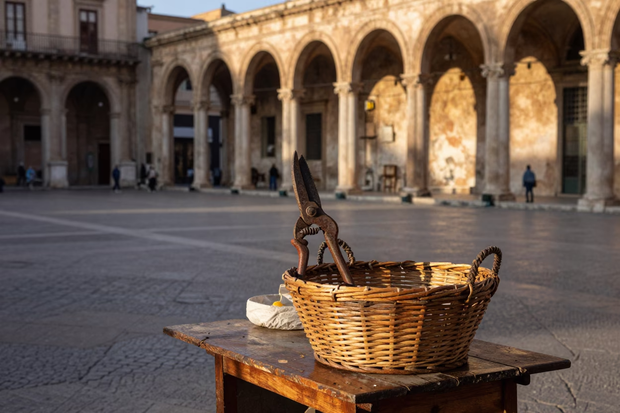 Late Afternoon Street Scene in Palermo Italy with Pruning Shears and Wicker Basket in in Palermo, Italy