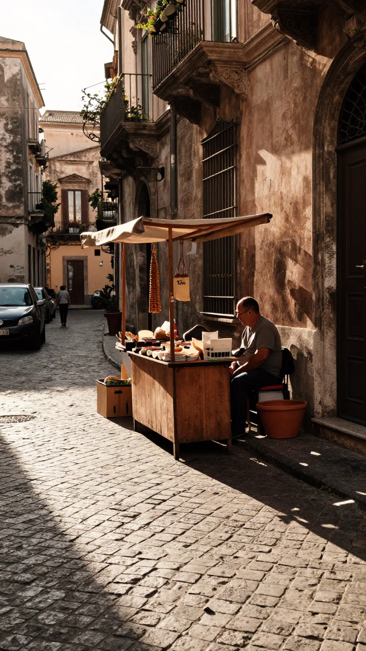 Late Afternoon Street Scene in Palermo Italy with Terracotta Bowl and Embroidered Cushion in in Palermo, Italy