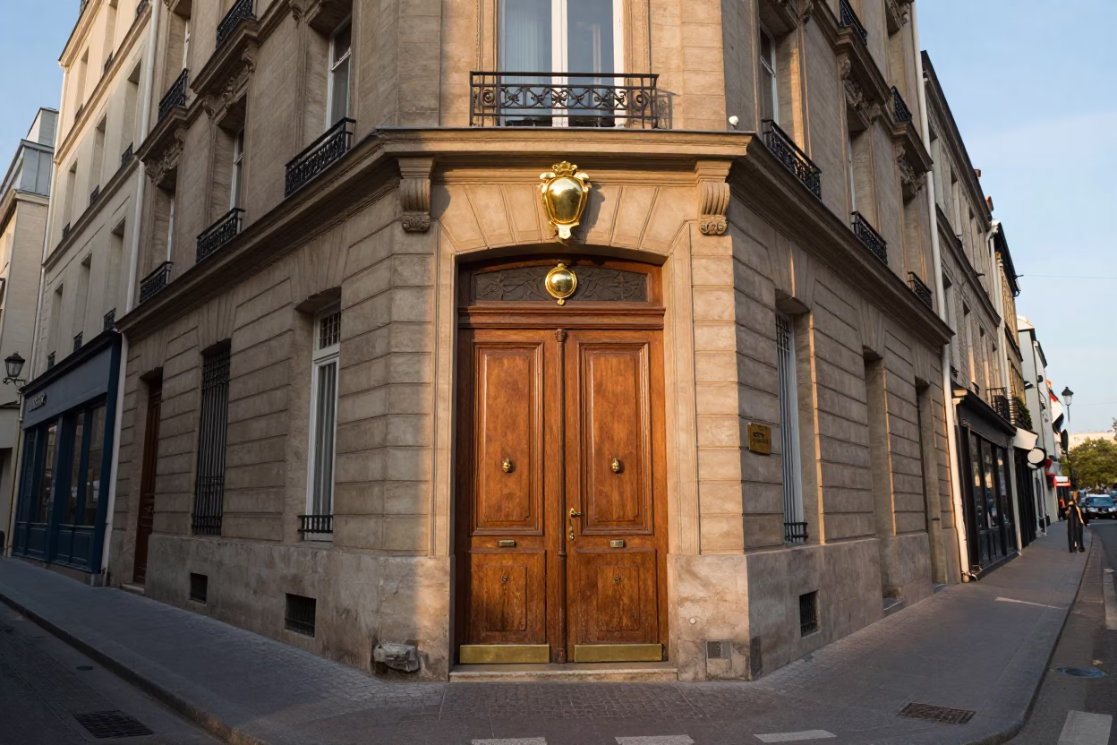 Late afternoon street scene in Paris France with traditional brass escutcheon on weathered door in in Paris, France
