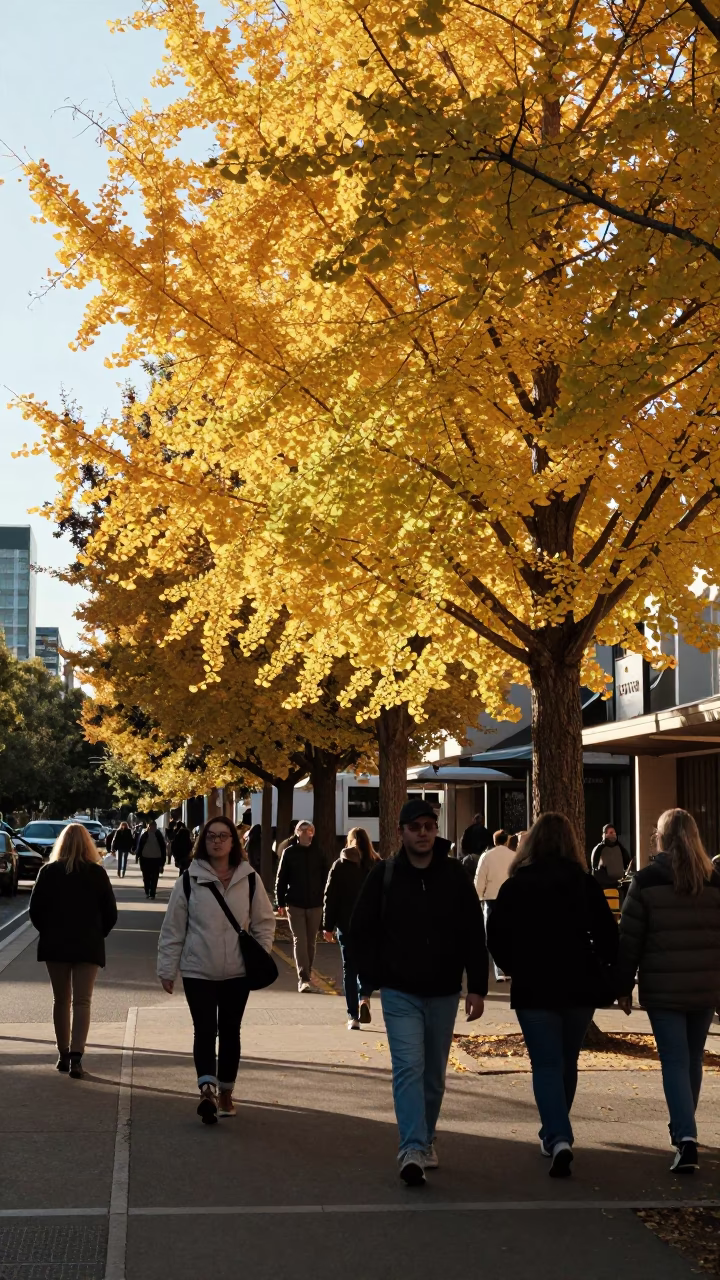 Late Afternoon Street Scene in Perth Western Australia with Yellow Ginkgo Tree in in Perth, Western Australia, Australia
