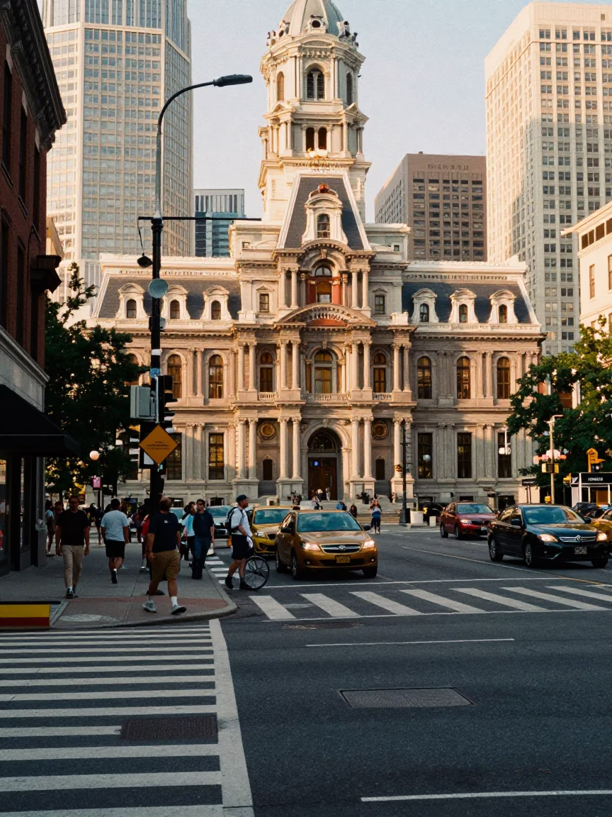 Late Afternoon Street Scene in Philadelphia Pennsylvania with Urban Details in in Philadelphia, Pennsylvania, United States
