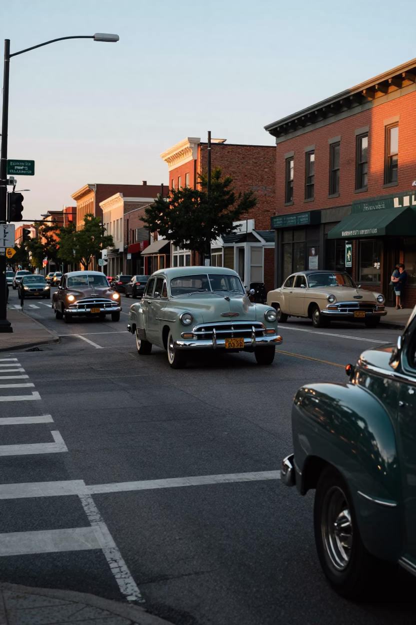 Late Afternoon Street Scene in Philadelphia Pennsylvania with Vintage Cars and Urban Architecture in in Philadelphia, Pennsylvania, United States