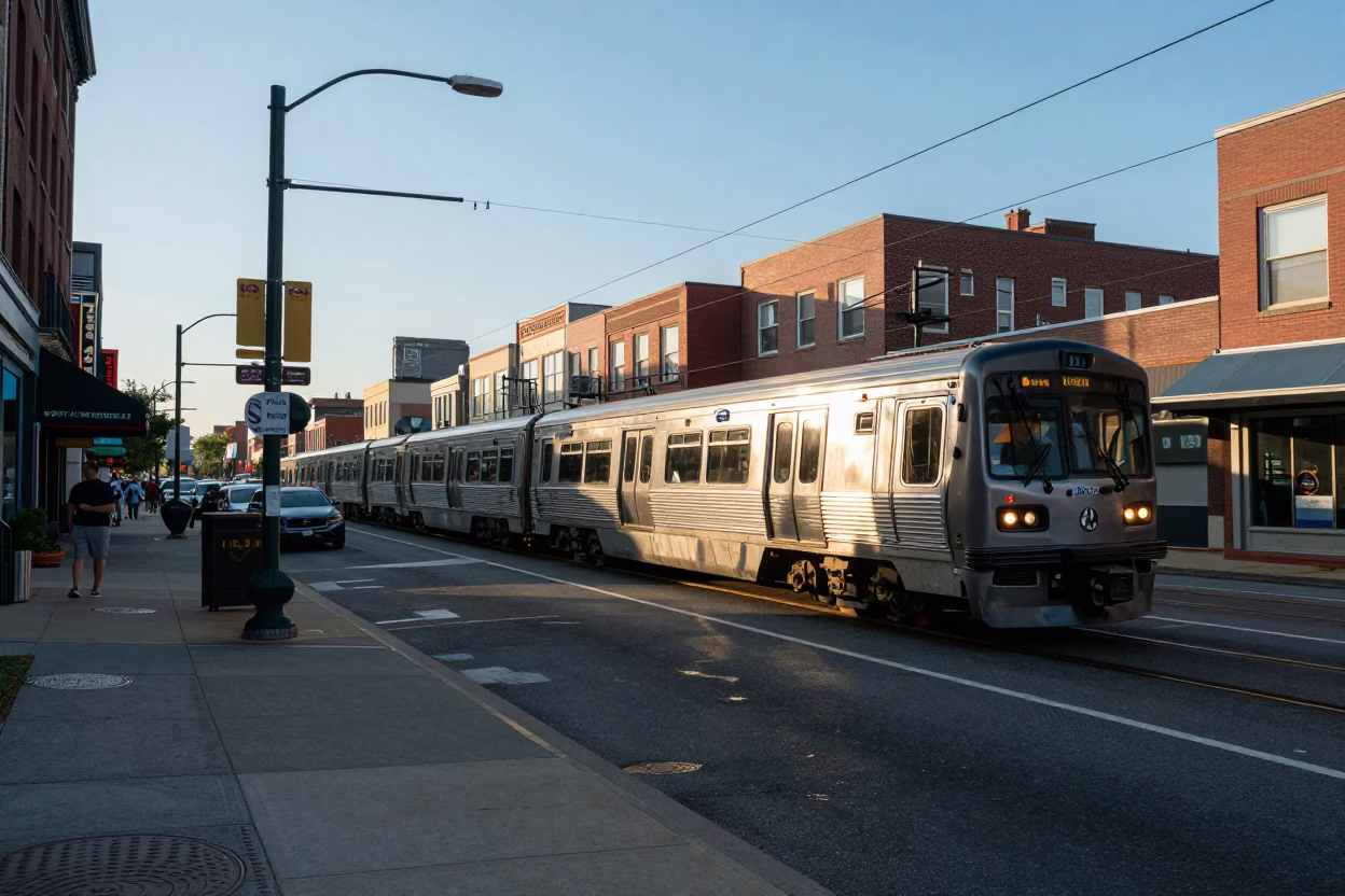 Late Afternoon Street Scene in Philadelphia with Commuter Train and Glass Bottles in in Philadelphia, Pennsylvania, United States