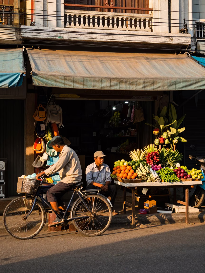 Late Afternoon Street Scene in Phnom Penh Cambodia with Bicycle and Shopfront in in Phnom Penh, Cambodia