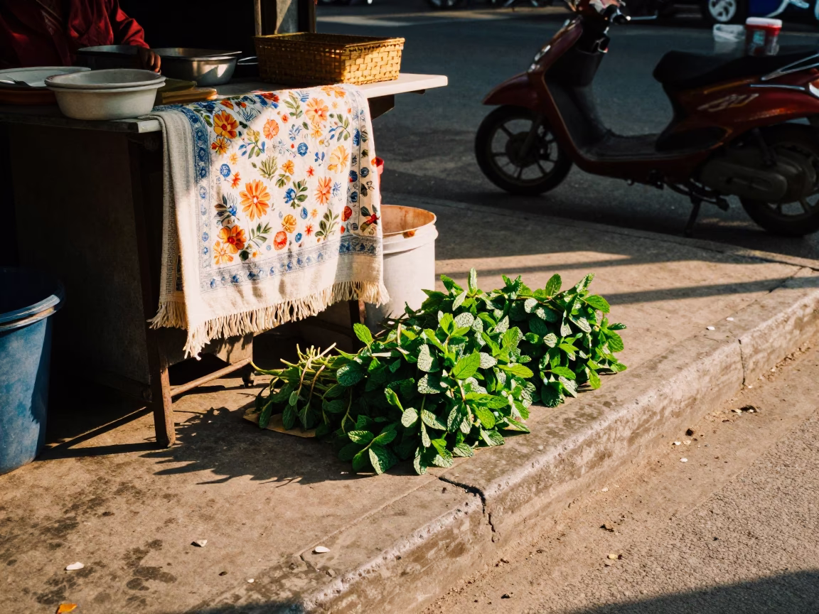 Late Afternoon Street Scene in Phnom Penh Cambodia with Linen Fringe and Mint Leaves in in Phnom Penh, Cambodia
