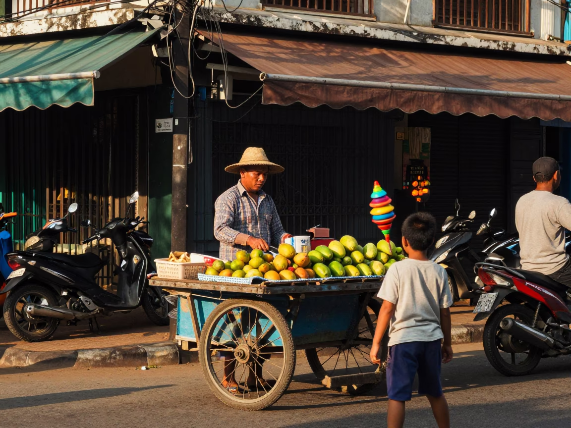 Late Afternoon Street Scene in Phnom Penh Cambodia with Local Vendor and Spinning Top in in Phnom Penh, Cambodia