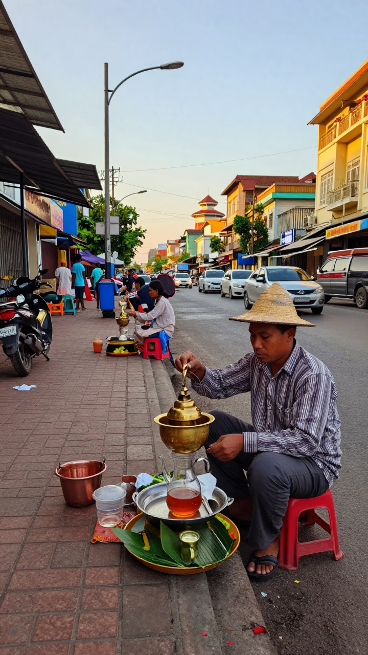 Late Afternoon Street Scene in Phnom Penh Cambodia with Local Vendor and Tea Strainer in in Phnom Penh, Cambodia