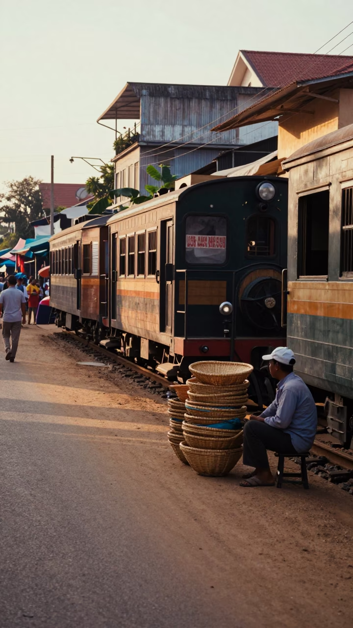 Late Afternoon Street Scene in Phnom Penh Cambodia with Narrow Gauge Train in in Phnom Penh, Cambodia