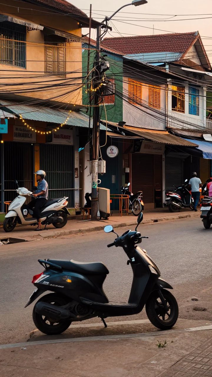 Late Afternoon Street Scene in Phnom Penh Cambodia with Scooter and String Lights in in Phnom Penh, Cambodia