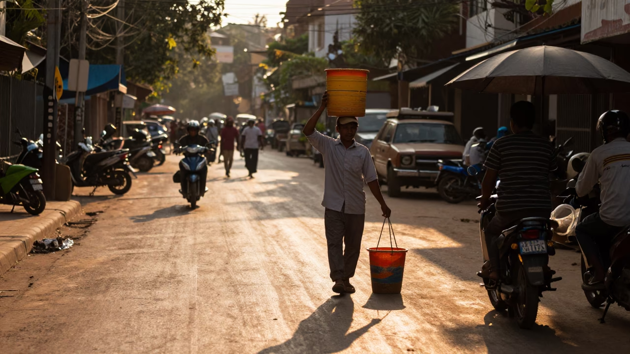 Late Afternoon Street Scene in Phnom Penh Cambodia with Sunlight and Bucket in in Phnom Penh, Cambodia