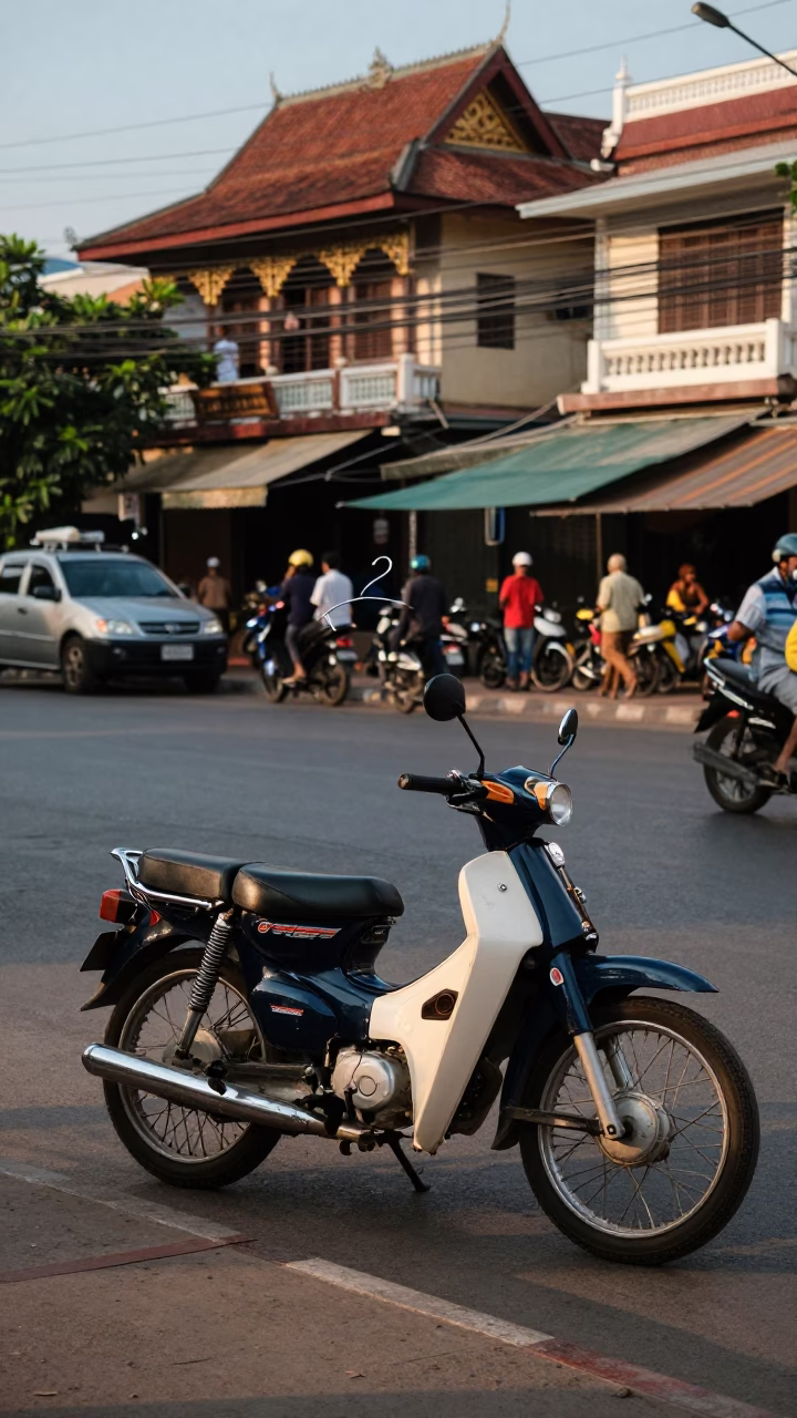 Late Afternoon Street Scene in Phnom Penh Cambodia with Vintage Motorcycle and Local Life in in Phnom Penh, Cambodia