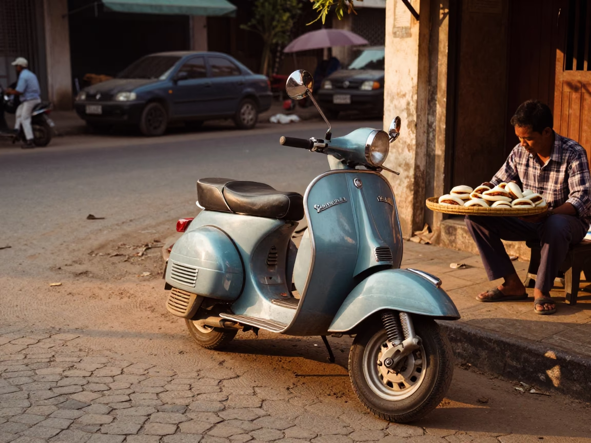 Late Afternoon Street Scene in Phnom Penh Cambodia with Vintage Vespa in in Phnom Penh, Cambodia