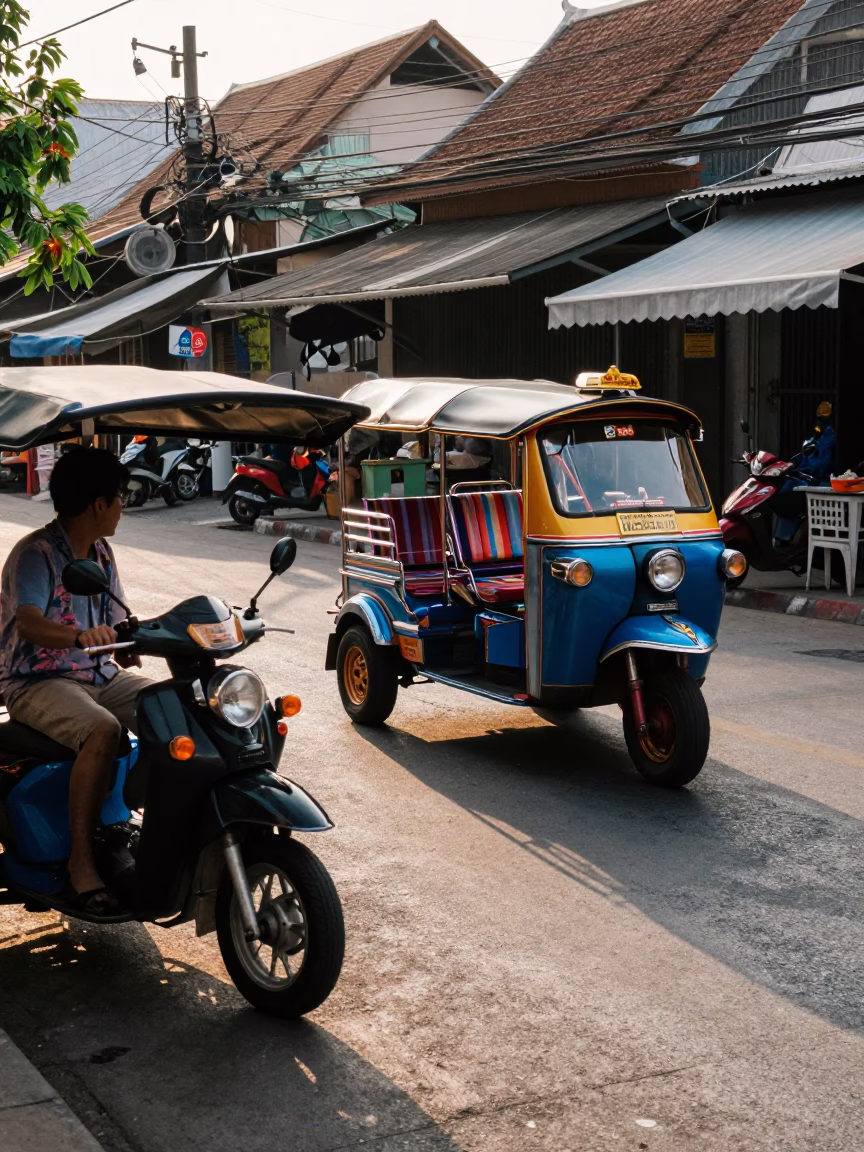 Late Afternoon Street Scene in Phuket Thailand with Auto-Rickshaw and Local Market Activity in in Phuket, Thailand