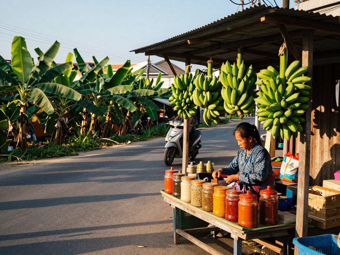 Late Afternoon Street Scene in Phuket Thailand with Banana Plantation and Local Market Activity in in Phuket, Thailand