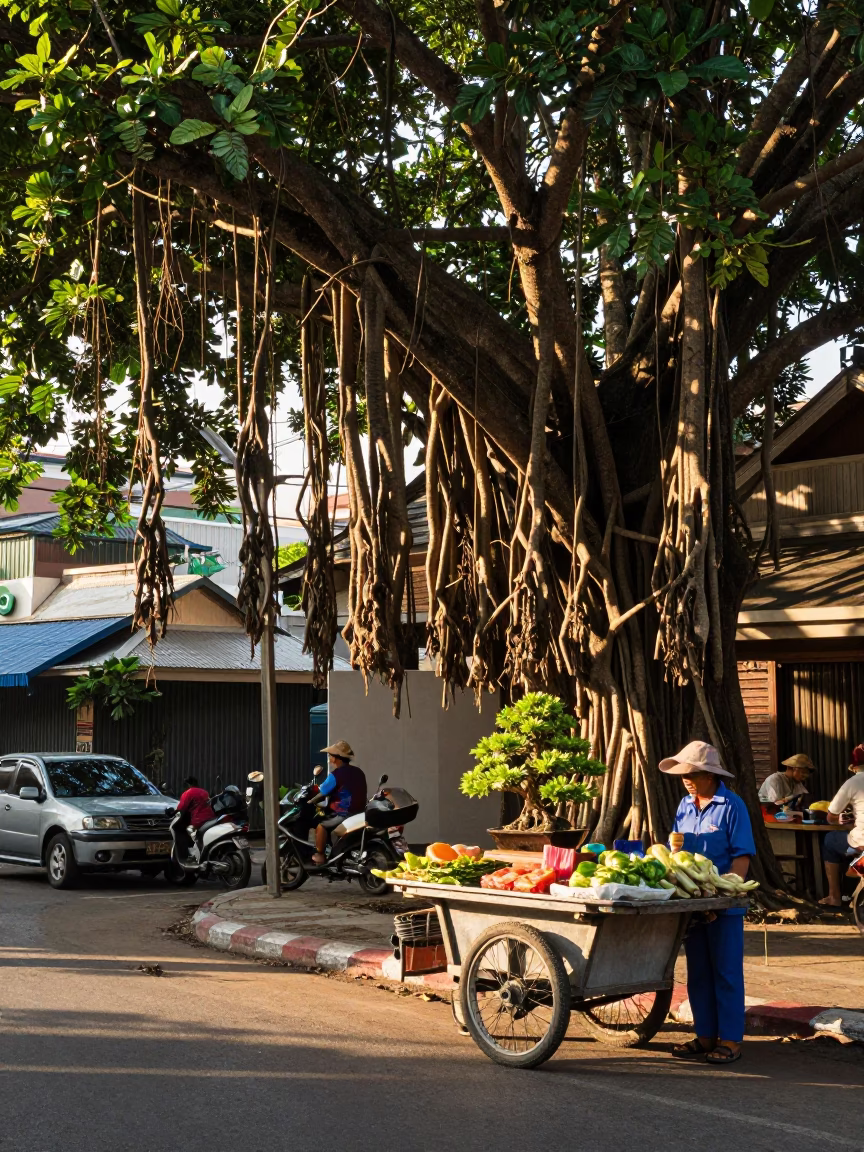 Late Afternoon Street Scene in Phuket Thailand with Jade Plant Bonsai and Local Vendor in in Phuket, Thailand