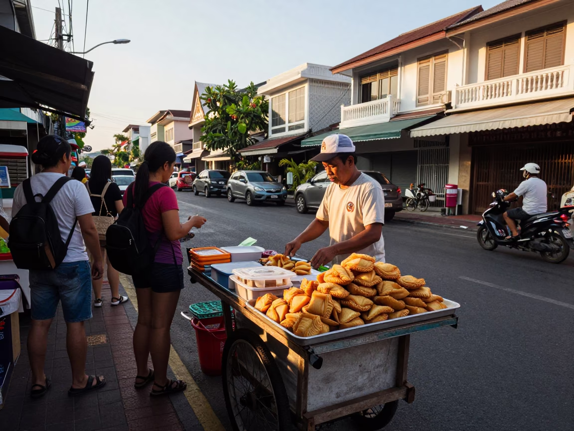 Late Afternoon Street Scene in Phuket Thailand with Local Vendors and Tourists in in Phuket, Thailand