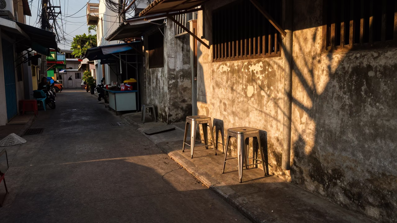 Late Afternoon Street Scene in Phuket Thailand with Metal Stools in in Phuket, Thailand