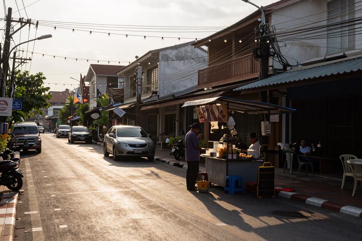 Late Afternoon Street Scene in Phuket Thailand with String Lights and Local Activity in in Phuket, Thailand