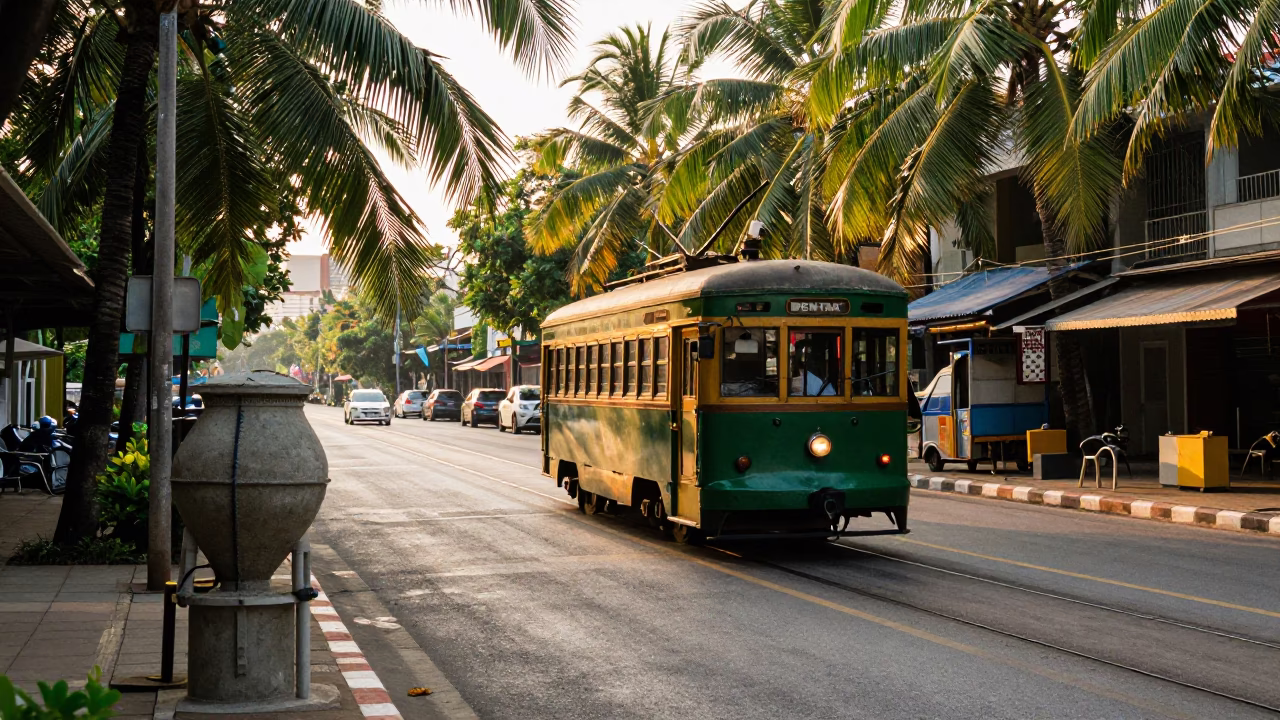 Late Afternoon Street Scene in Phuket Thailand with Tramcar and Construction in in Phuket, Thailand