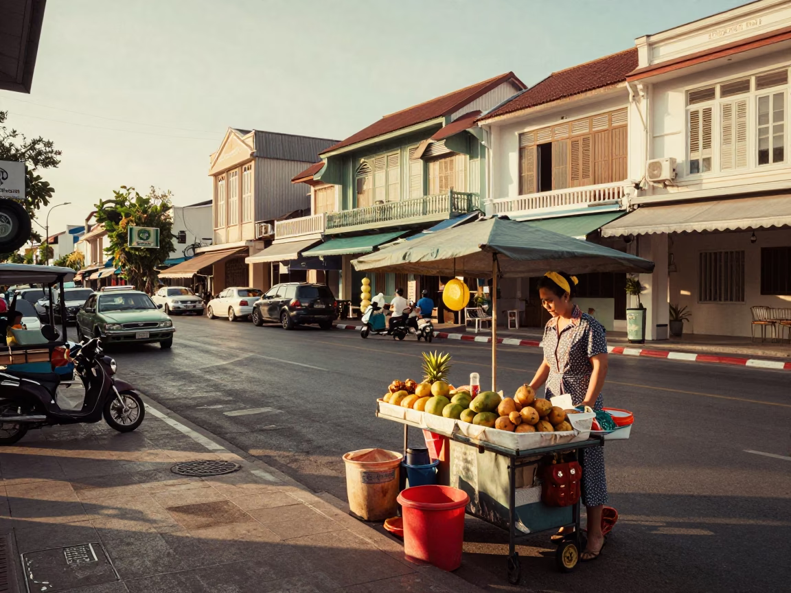 Late Afternoon Street Scene in Phuket Thailand with Vintage 1950s Aesthetic and Local Commerce in in Phuket, Thailand