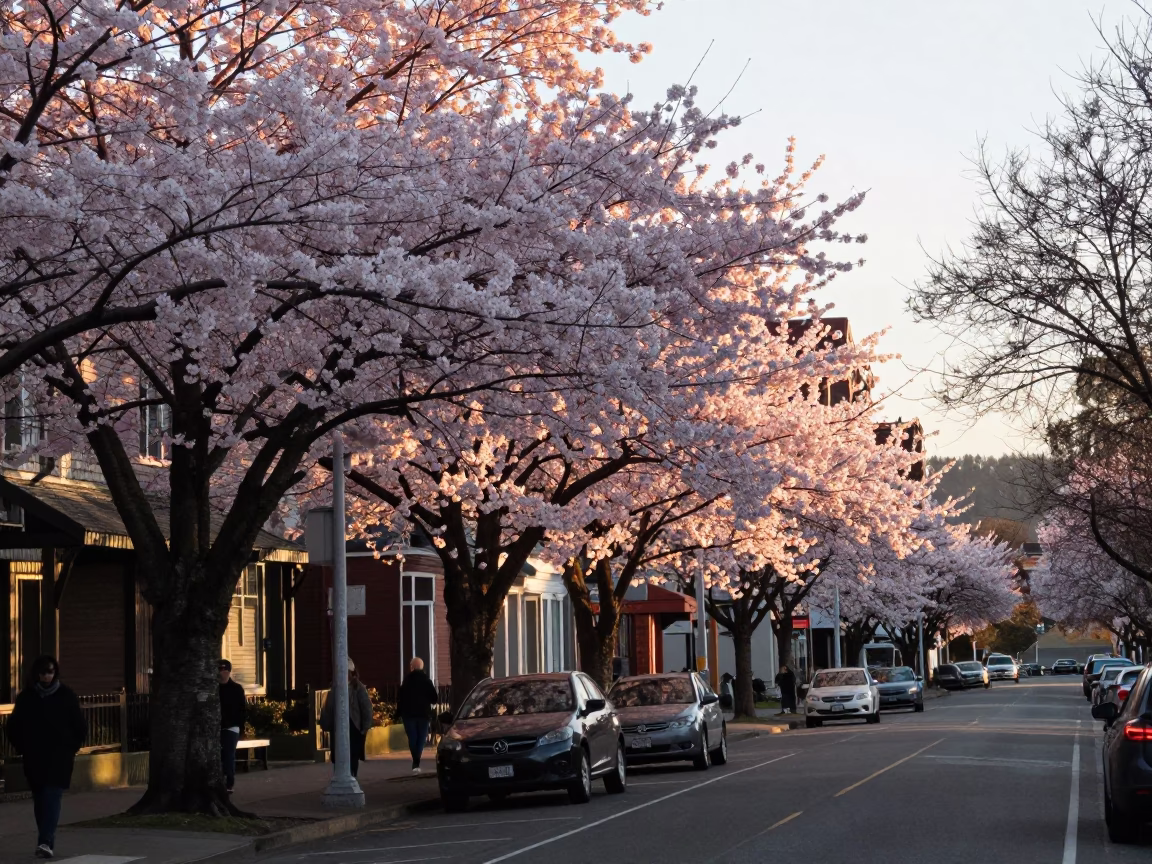 Late Afternoon Street Scene in Portland Oregon with Cherry Trees and Canal in in Portland, Oregon, United States