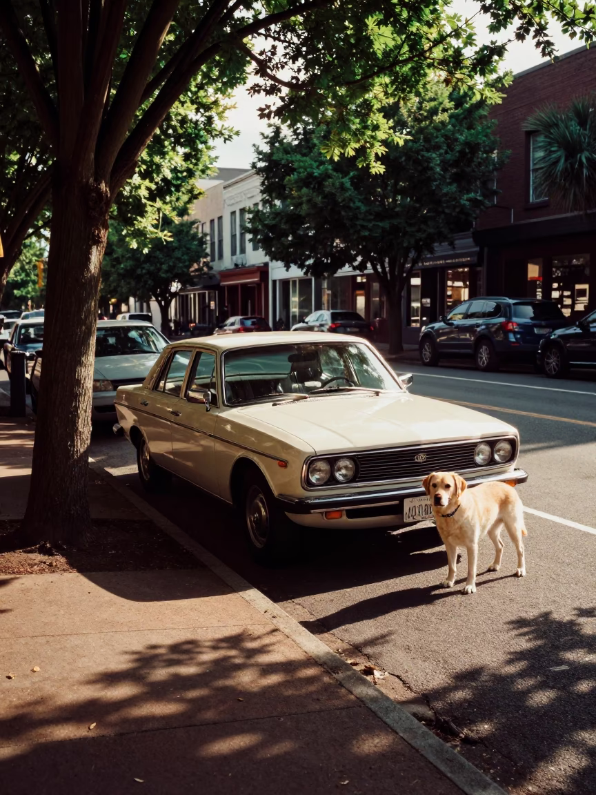 Late Afternoon Street Scene in Portland Oregon With Vintage Car and Dog in in Portland, Oregon, United States