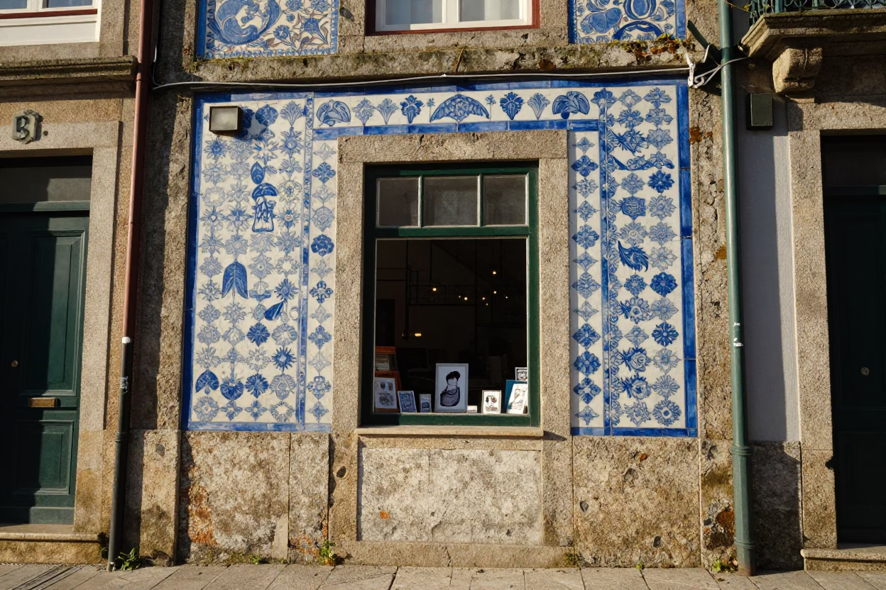 Late Afternoon Street Scene in Porto Portugal with Blue and White Porcelain Jar in in Porto, Portugal