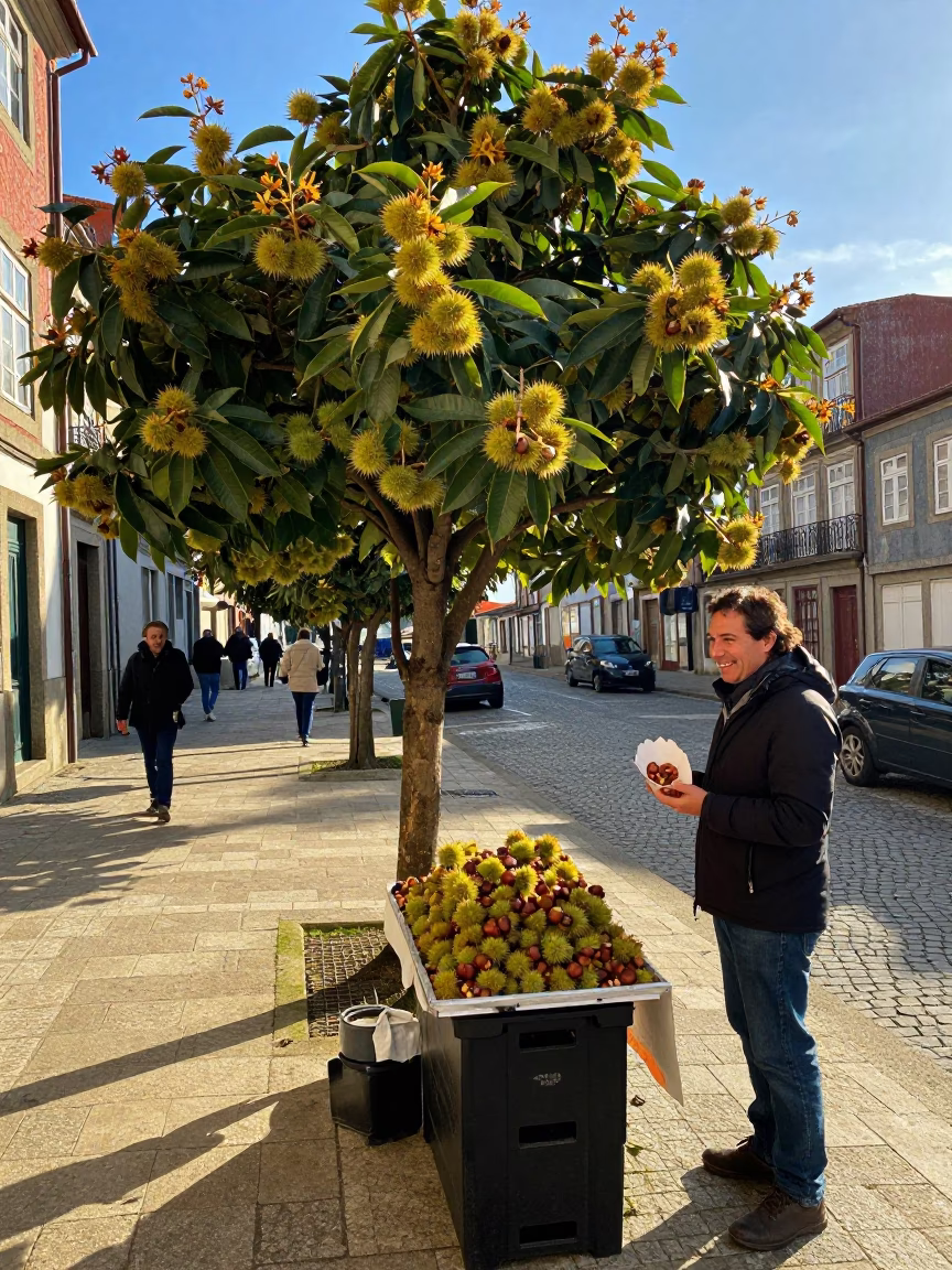 Late Afternoon Street Scene in Porto Portugal with Chestnut Tree Husks in in Porto, Portugal