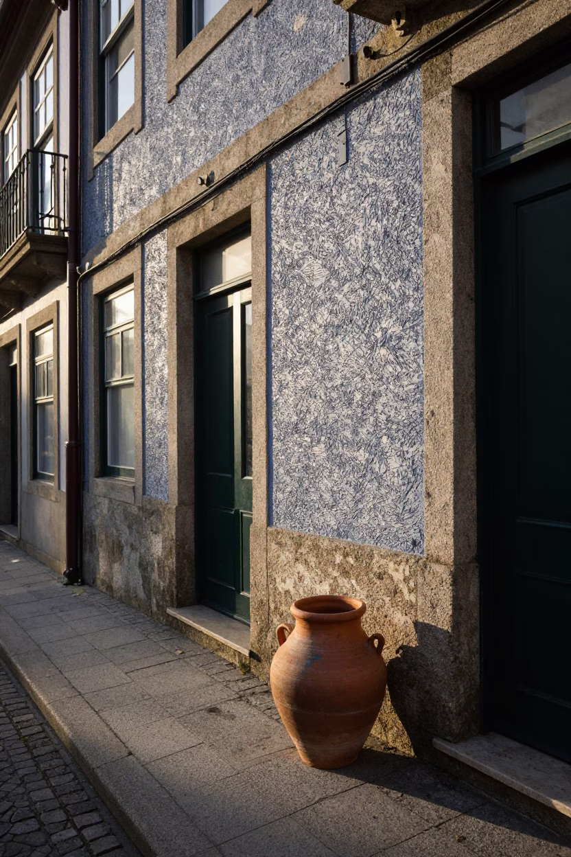 Late Afternoon Street Scene in Porto Portugal with Clay Pot and Nickel Latch Detail in in Porto, Portugal