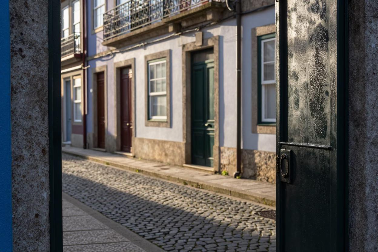 Late Afternoon Street Scene in Porto Portugal with Condensation on Doorframe and Potted Succulents in in Porto, Portugal