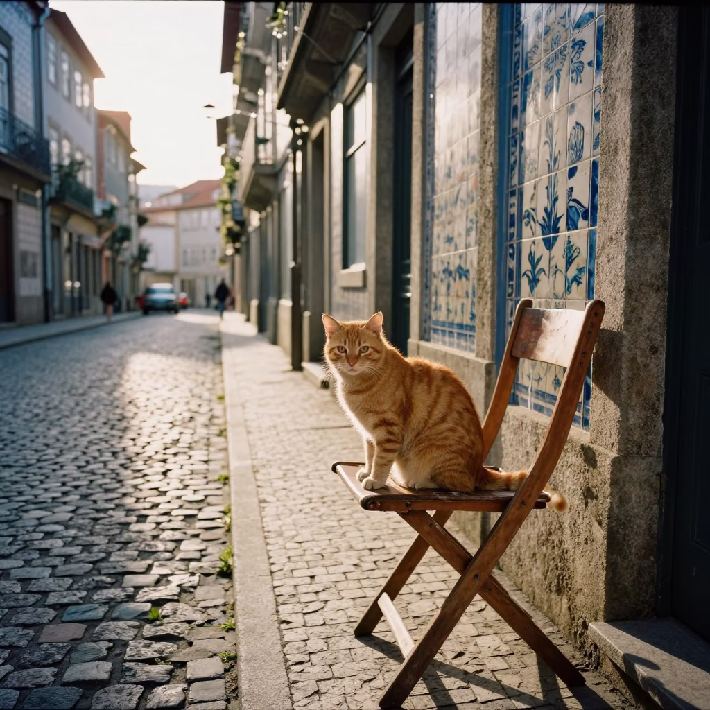 Late Afternoon Street Scene in Porto Portugal with Ginger Cat and Folding Chair in in Porto, Portugal
