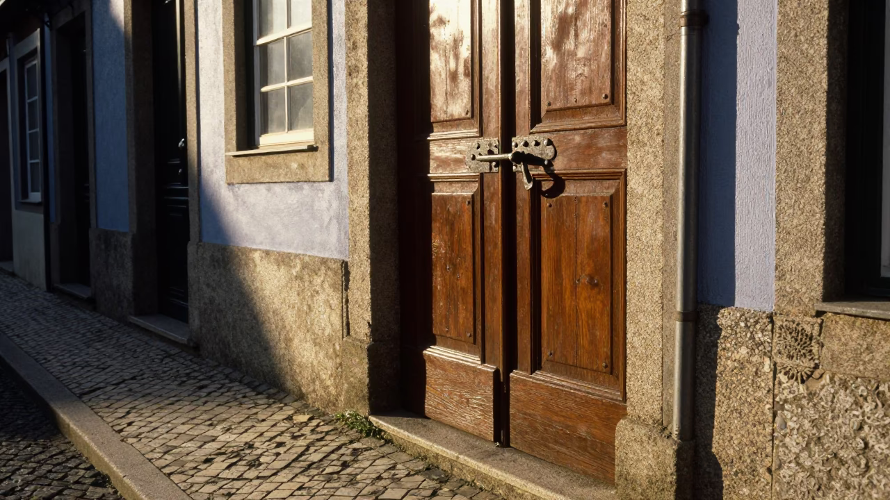 Late Afternoon Street Scene in Porto Portugal with Iron Deadbolt and Urban Details in in Porto, Portugal