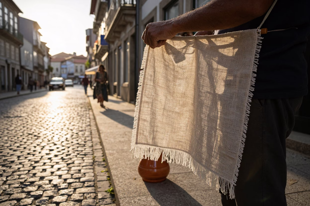 Late Afternoon Street Scene in Porto Portugal with Linen Fringe and Local Interaction in in Porto, Portugal