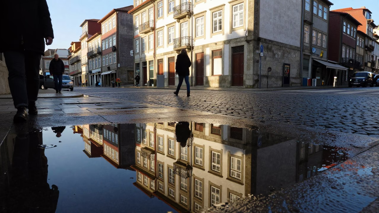 Late Afternoon Street Scene in Porto Portugal with Puddle Reflections and Hotel Windows in in Porto, Portugal