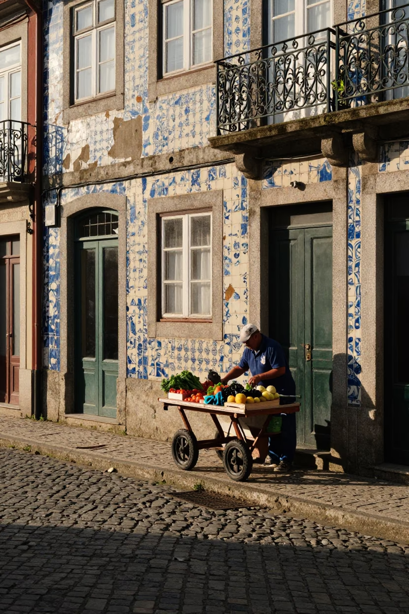 Late Afternoon Street Scene in Porto Portugal with Traditional Architecture and Local Market Vendors in in Porto, Portugal