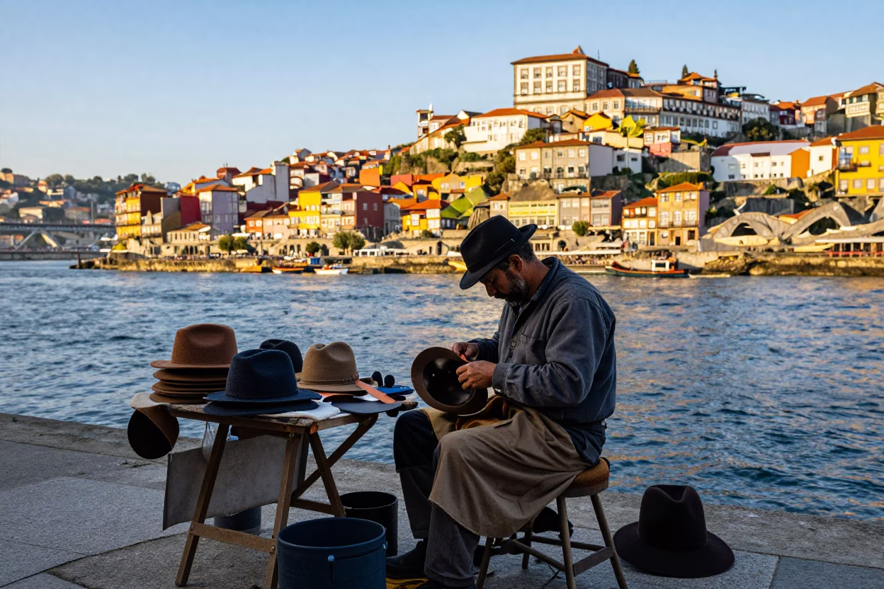 Late Afternoon Street Scene in Porto Portugal with Traditional Hatmaker and Goblet in in Porto, Portugal