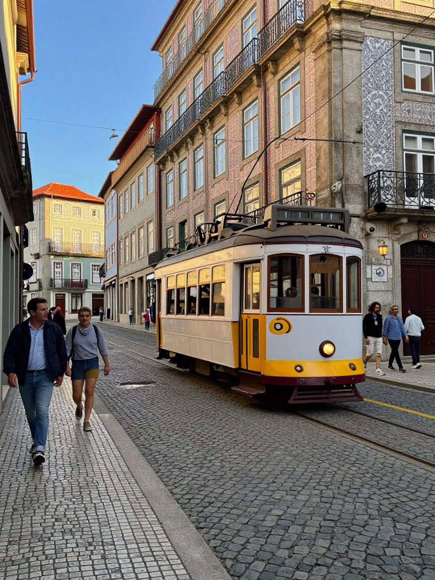 Late Afternoon Street Scene in Porto Portugal with Traditional Tram and Historic Architecture in in Porto, Portugal