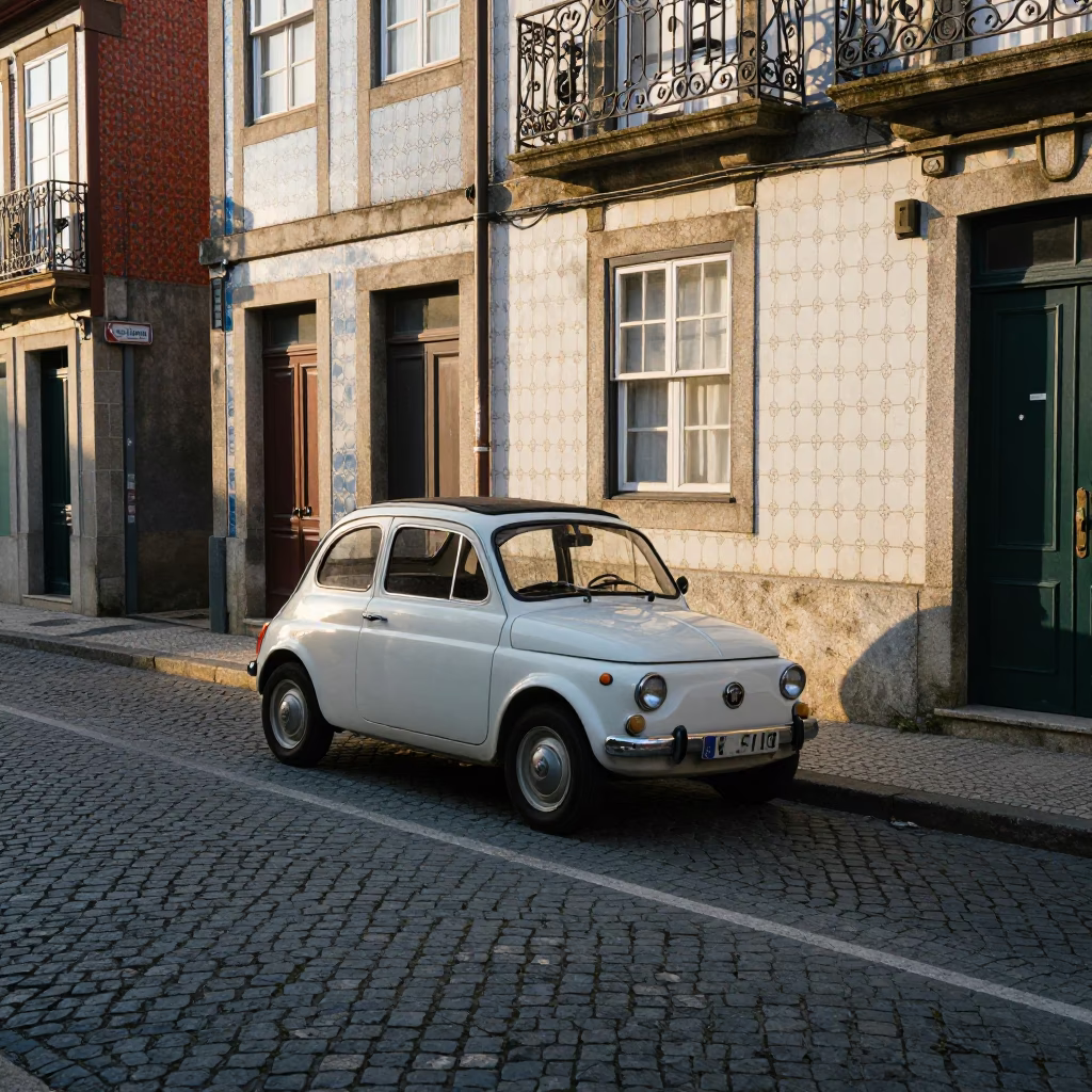 Late Afternoon Street Scene in Porto Portugal with Vintage Car and Historic Architecture in in Porto, Portugal