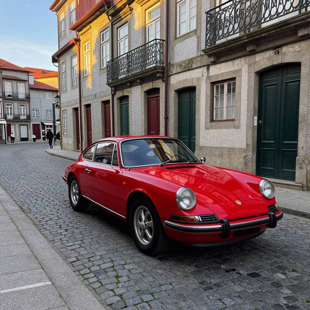Late Afternoon Street Scene in Porto Portugal with Vintage Red Car on Cobblestone Road in in Porto, Portugal