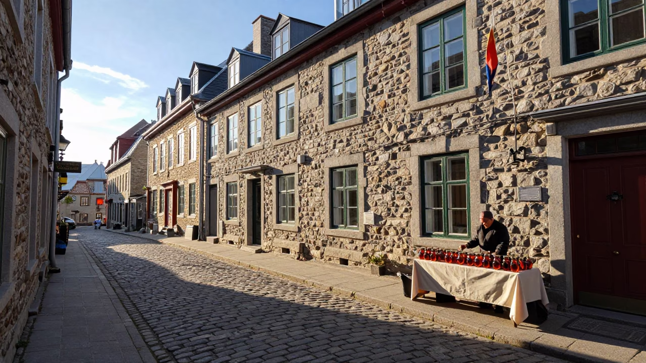 Late Afternoon Street Scene in Quebec City Quebec Canada with Historic Stone and Cobblestones in in Quebec City, Quebec, Canada