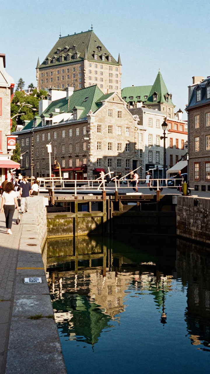 Late Afternoon Street Scene in Quebec City with Canal Lock Gate and Leaf Shadows in in Quebec City, Quebec, Canada