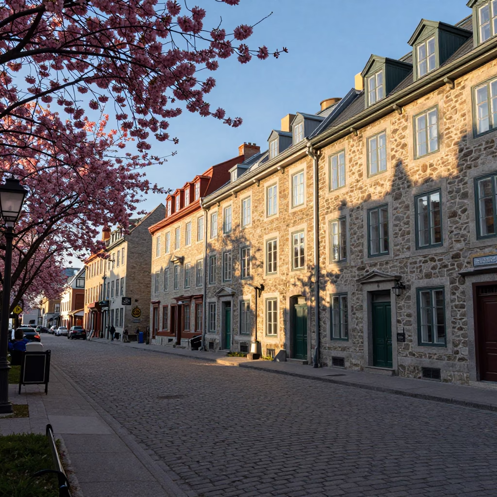 Late Afternoon Street Scene in Quebec City with Cherry Blossoms and Historic Stone Architecture in in Quebec City, Quebec, Canada
