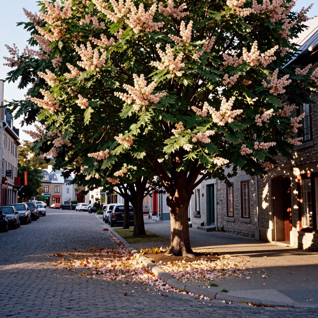 Late Afternoon Street Scene in Quebec City with Chestnut Tree and Fallen Petals in in Quebec City, Quebec, Canada