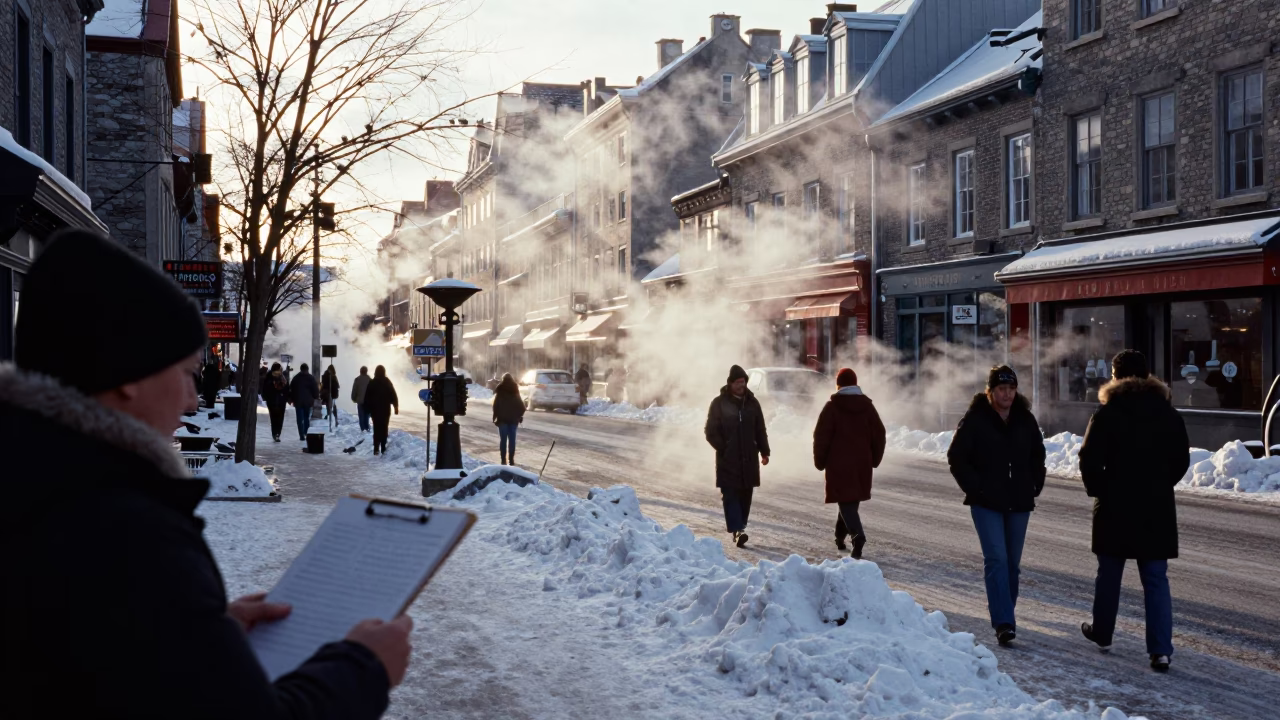 Late Afternoon Street Scene in Quebec City with Clipboard and Steam Haze in in Quebec City, Quebec, Canada