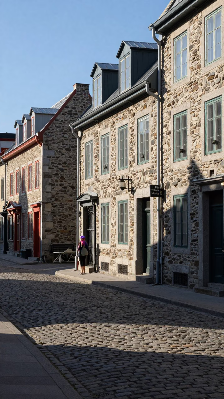 Late Afternoon Street Scene in Quebec City with Nickel Latch Catching Light in in Quebec City, Quebec, Canada