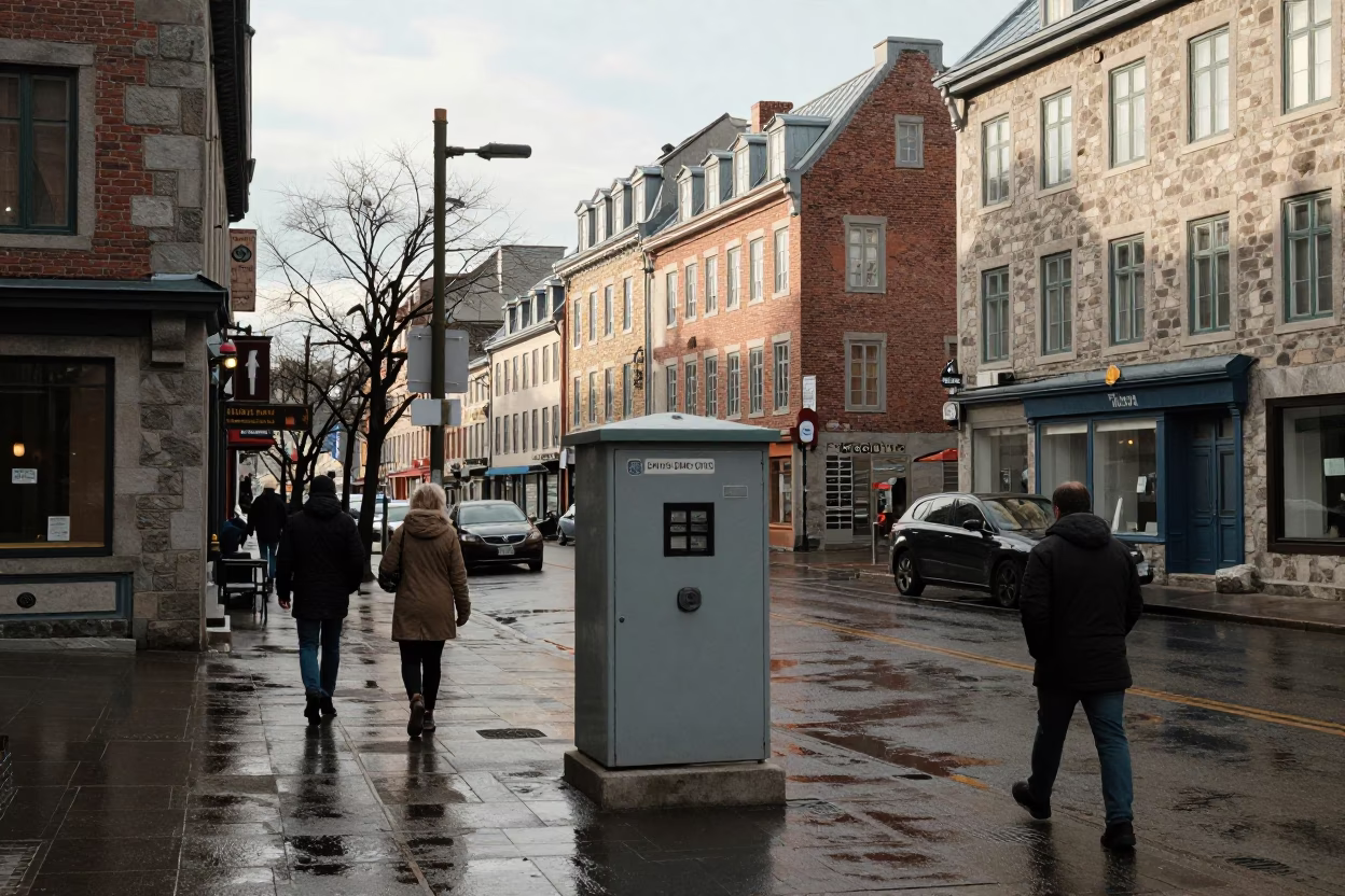 Late Afternoon Street Scene in Quebec City with Rain Puddles and Urban Activity in in Quebec City, Quebec, Canada