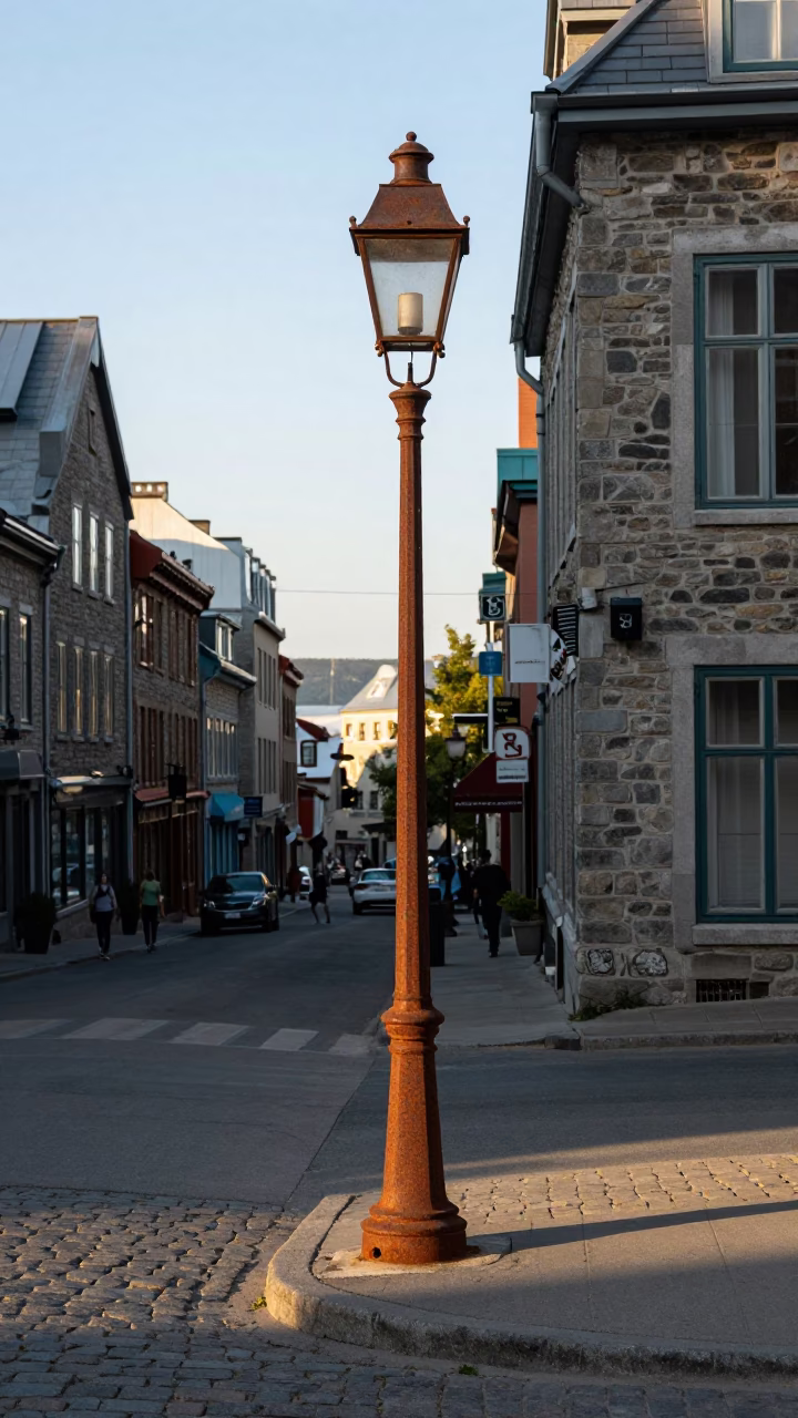 Late Afternoon Street Scene in Quebec City with Rusty Lamp Base and Tea Tin in in Quebec City, Quebec, Canada